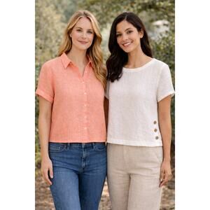 Lot 2 100% Linen Casual Boxy Short Sleeve Tops M Beachy Minimalist Tahari Rowley